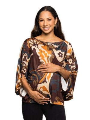 24seven Comfort Apparel Women's Maternity Brown Paisley Print Dolman Sleeve Top