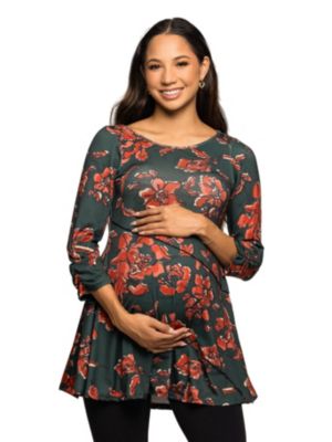 24seven Comfort Apparel Women's Maternity Green Floral Print Three Quarter Sleeve Tunic Top