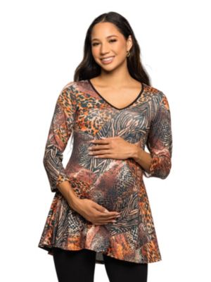 24seven Comfort Apparel Women's Maternity Animal Print V Neck Three Quarter Sleeve Tunic Top