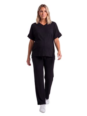 24seven Comfort Apparel Women's Basic Maternity Ribbed Knit Dolman Sleeve V Neck Top and Drawstring Wide Leg Pant Set, Black, Medium