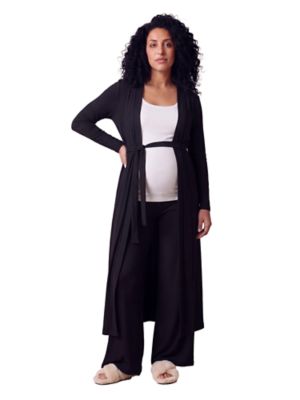 24seven Comfort Apparel Women's Basic Maternity Long Sleeve Tie Waist Soft Jacket and Elastic Waist Wide Leg Pant Set