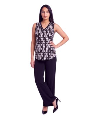 24seven Comfort Apparel Women's Essential Maternity Geometric Print V Neck Round Hem Top and Flared Pant Set