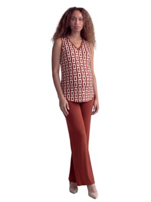 24seven Comfort Apparel Women's Essential Maternity Abstract Print V Neck Round Hem Top and Flared Pant Set