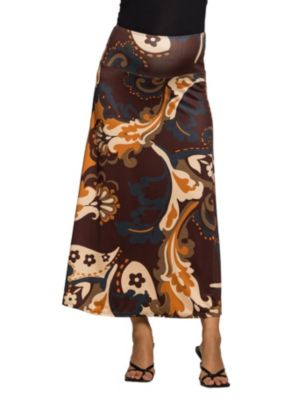 24seven Comfort Apparel Women's Maternity Elastic Waist Maxi Skirt Brown Print