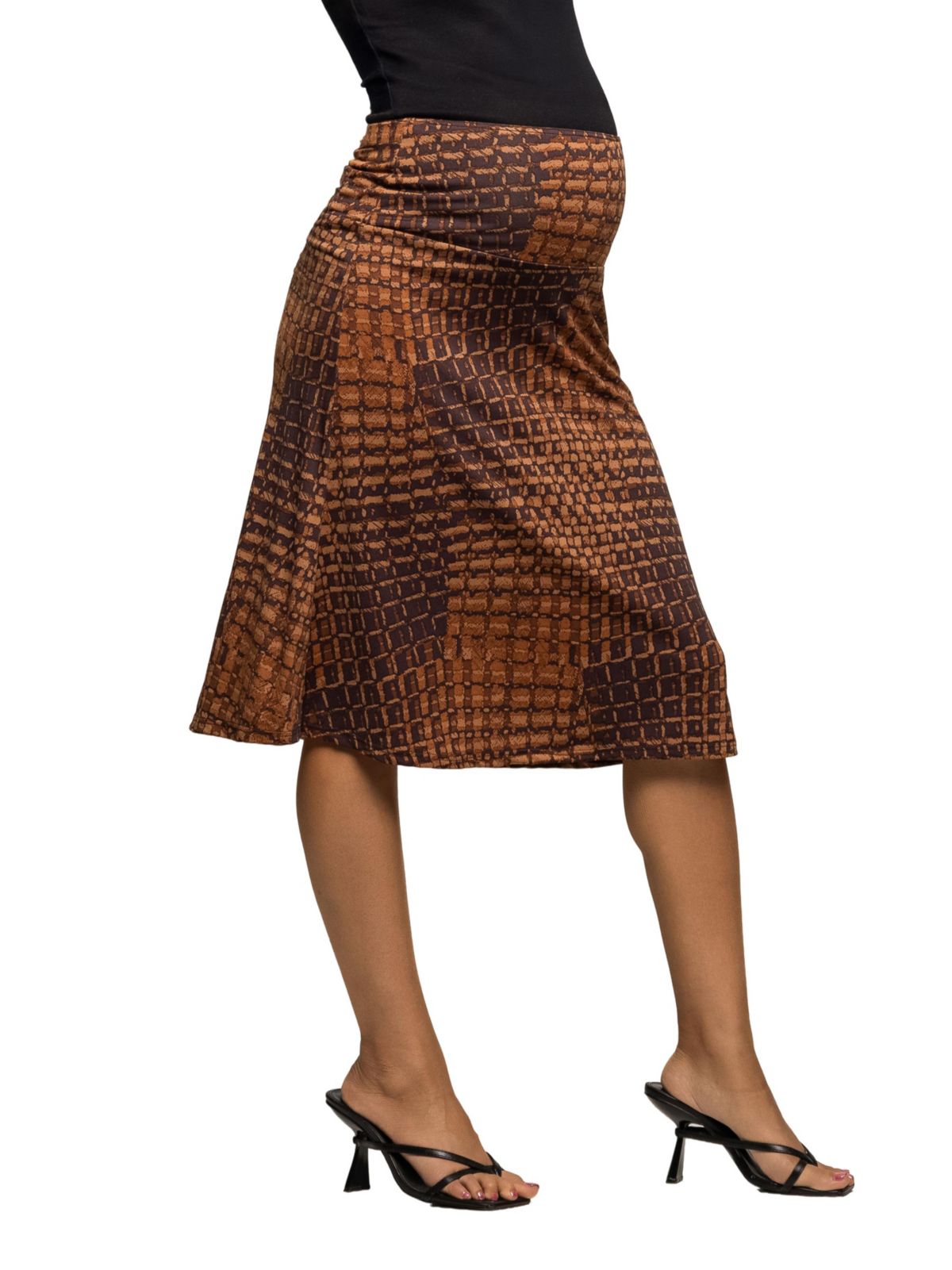 Maternity Brown Geometric Print Knee Length Skirt