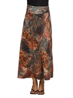 24seven Comfort Apparel Women's Maternity Brown Animal Patchwork Print Maxi Skirt