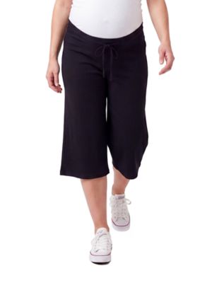 24seven Comfort Apparel Women's Basic Maternity Ribbed Knit Drawstring Flared Capri Pants