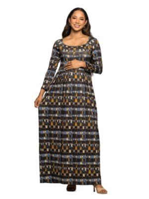 24seven Comfort Apparel Women's Maternity Brown Geometric Print Long Sleeve Empire Waist Maxi Dress