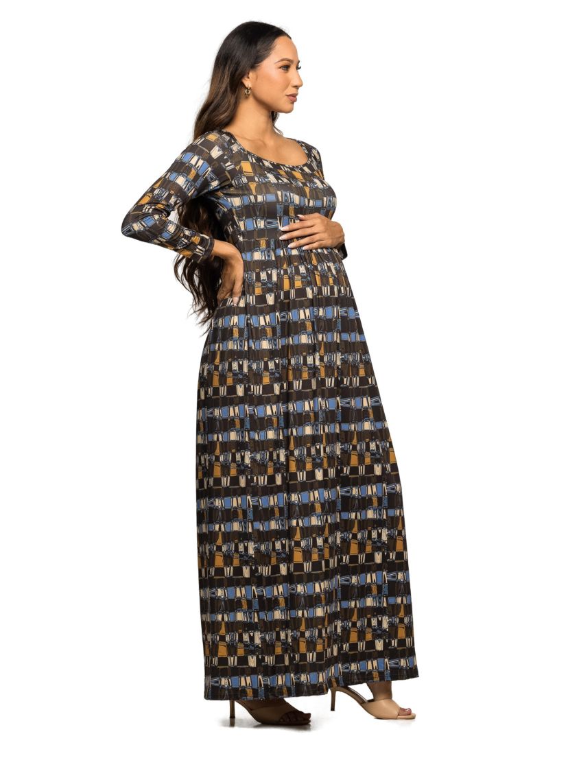 24seven Comfort Apparel Maternity Brown Geometric Print Long Sleeve Empire  Waist Maxi Dress | Belk