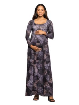 24seven Comfort Apparel Women's Maternity Long Sleeve Empire Waist Maxi Dress in Grey Print