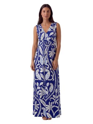 24seven Comfort Apparel Women's Essential Maternity Abstract Print V Neck Sleeveless Tie Back Empire Waist Maxi Dress, Blue, Small