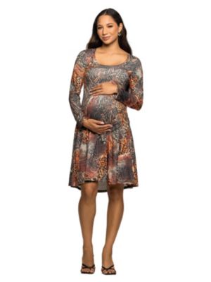 24seven Comfort Apparel Women's Maternity Long Sleeve Fit and Flare Dress in Brown Multi Animal Print