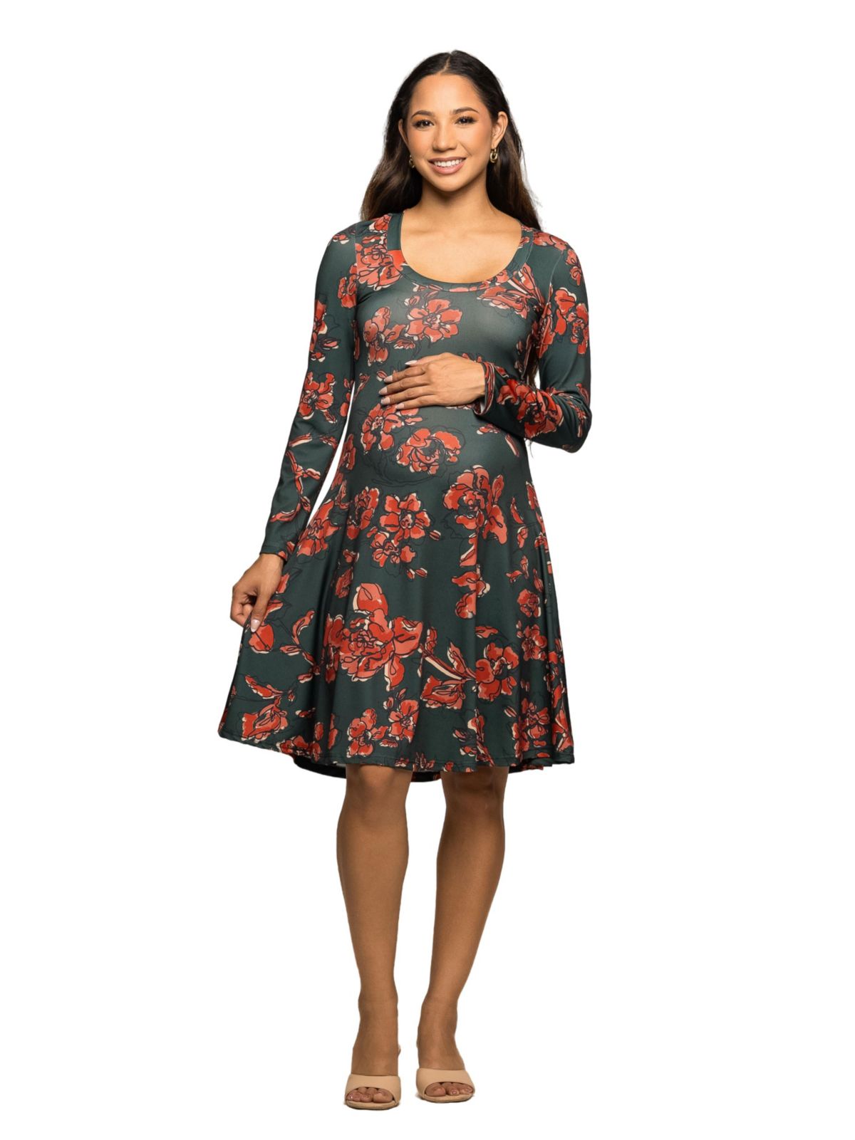 Maternity Long Sleeve Fit and Flare Dress in Green Orange Floral Print