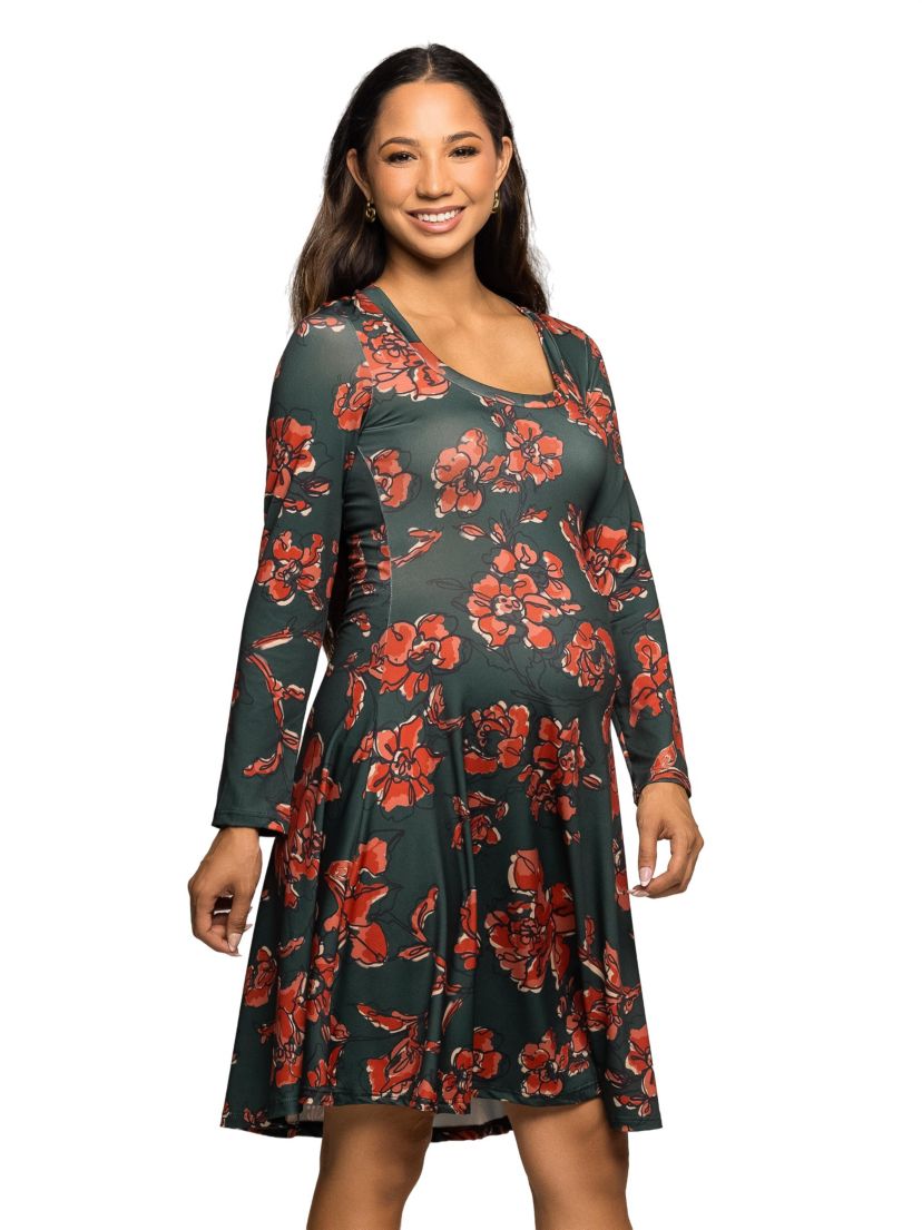 Maternity Long Sleeve Fit and Flare Dress in Green Orange Floral Print