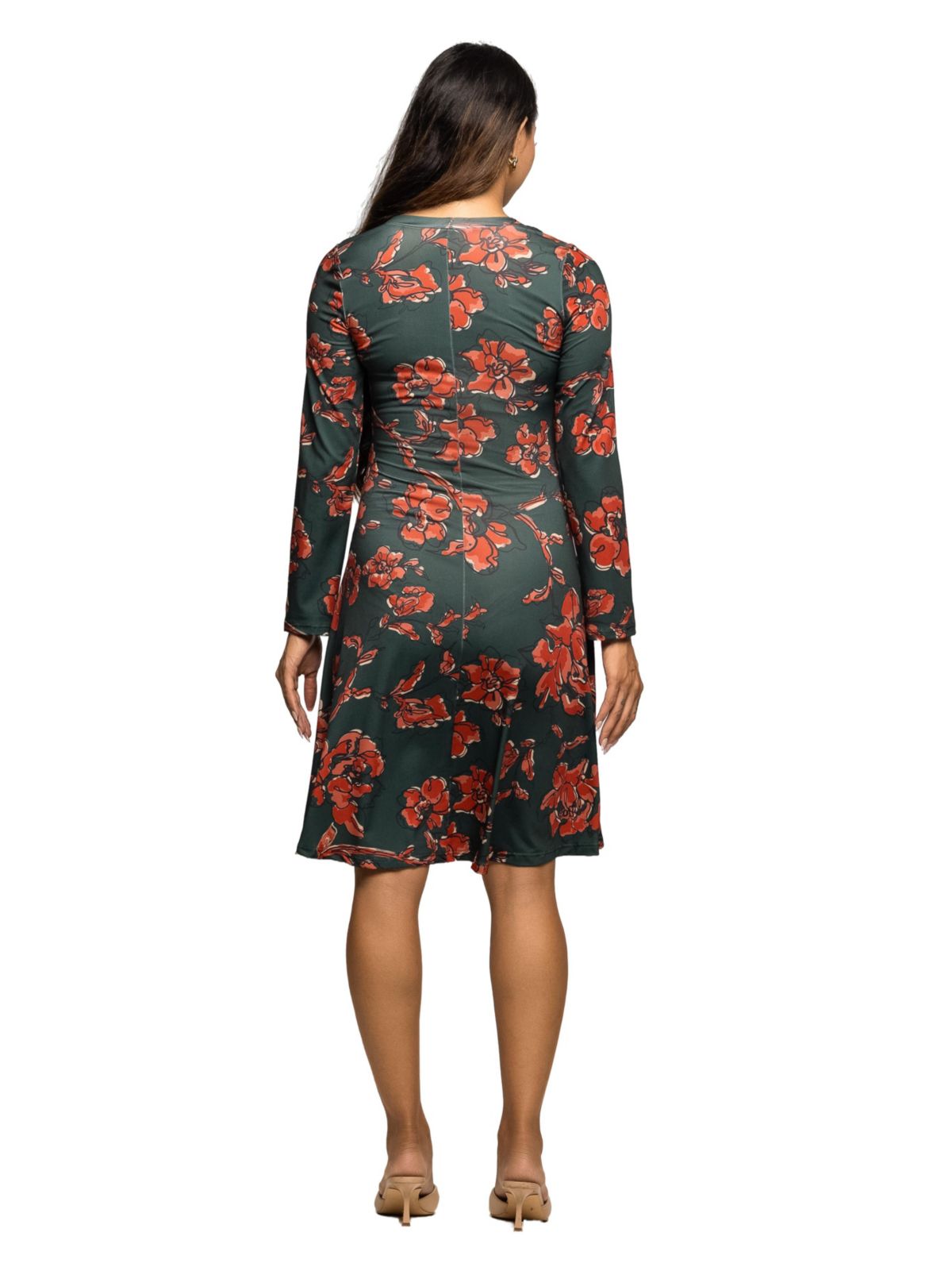 Maternity Long Sleeve Fit and Flare Dress in Green Orange Floral Print