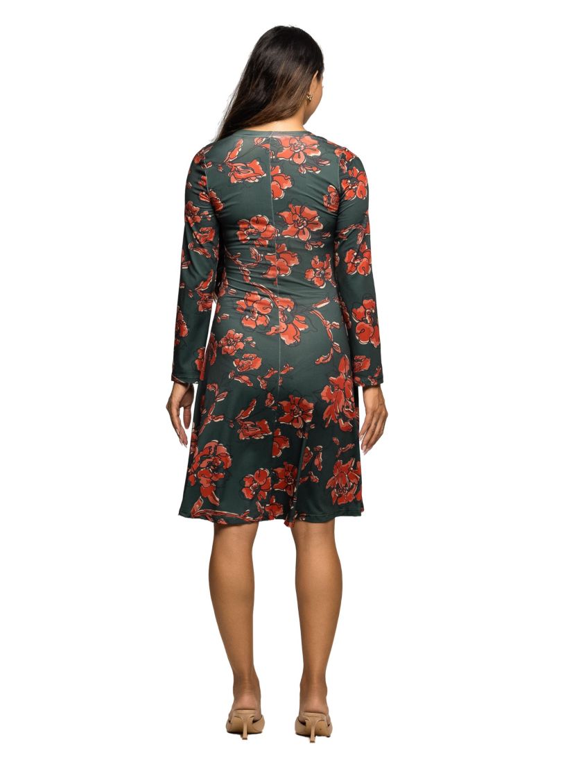 Maternity Long Sleeve Fit and Flare Dress in Green Orange Floral Print