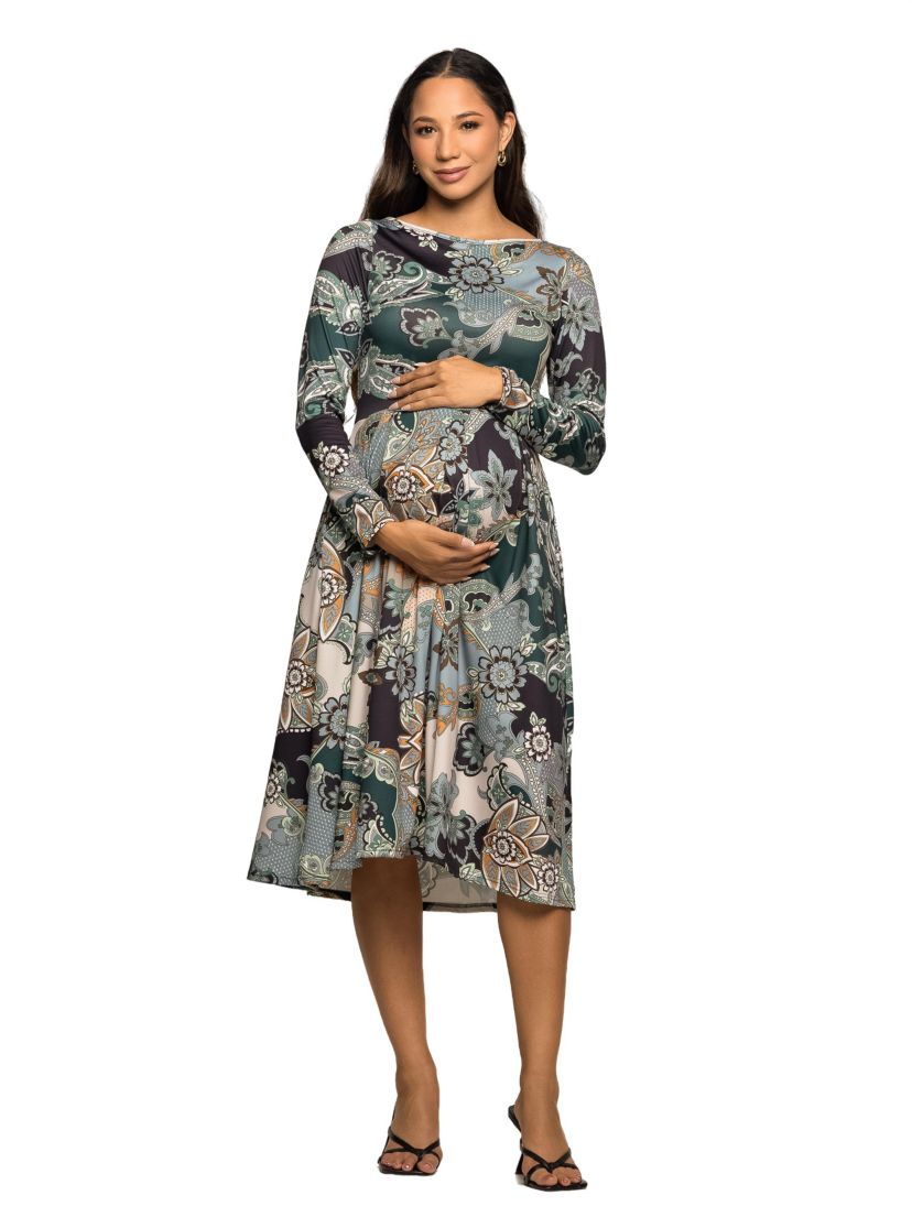 Maternity Long Sleeve Midi Dress in Teal Paisley Floral Print