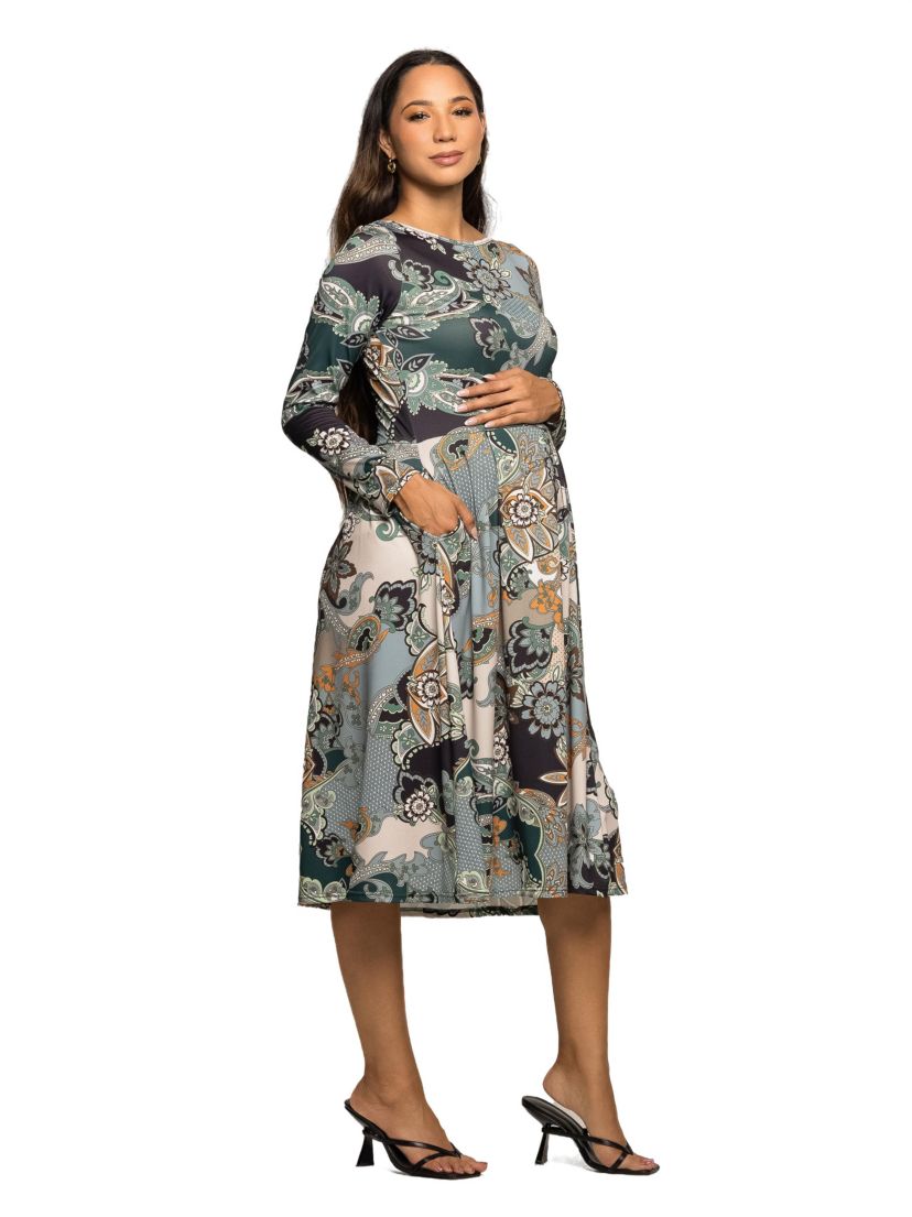 Maternity Long Sleeve Midi Dress in Teal Paisley Floral Print