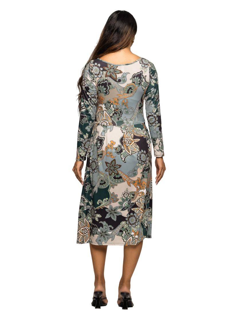 Maternity Long Sleeve Midi Dress in Teal Paisley Floral Print