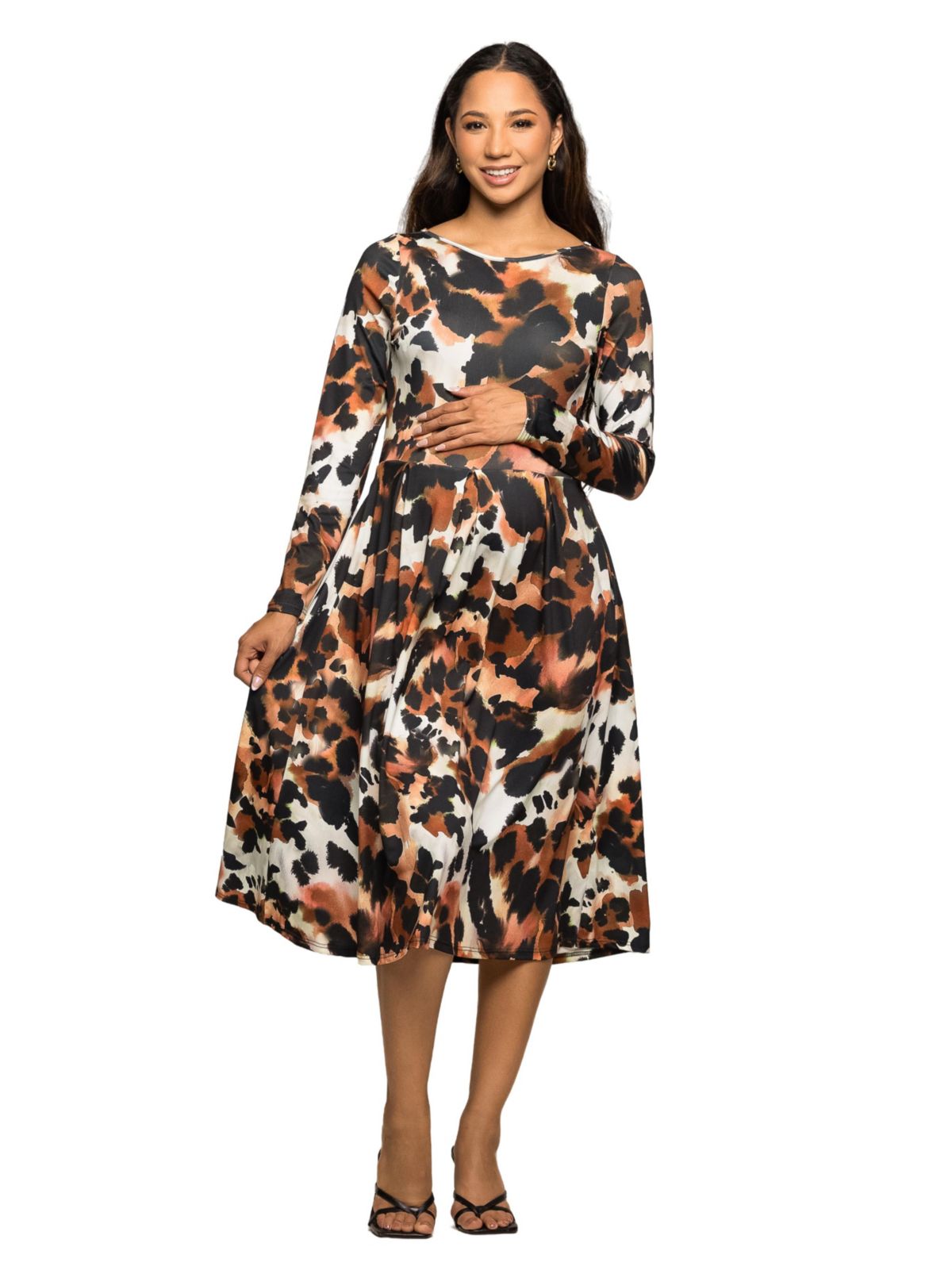 Maternity Long Sleeve Midi Dress in Animal Print