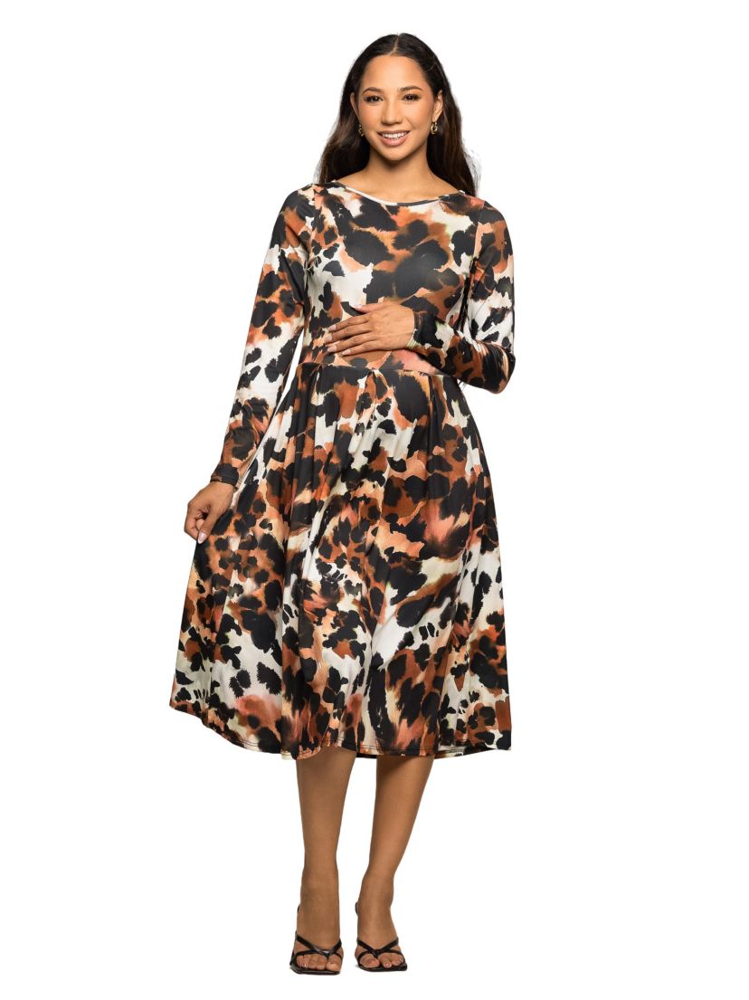 Maternity Long Sleeve Midi Dress in Animal Print