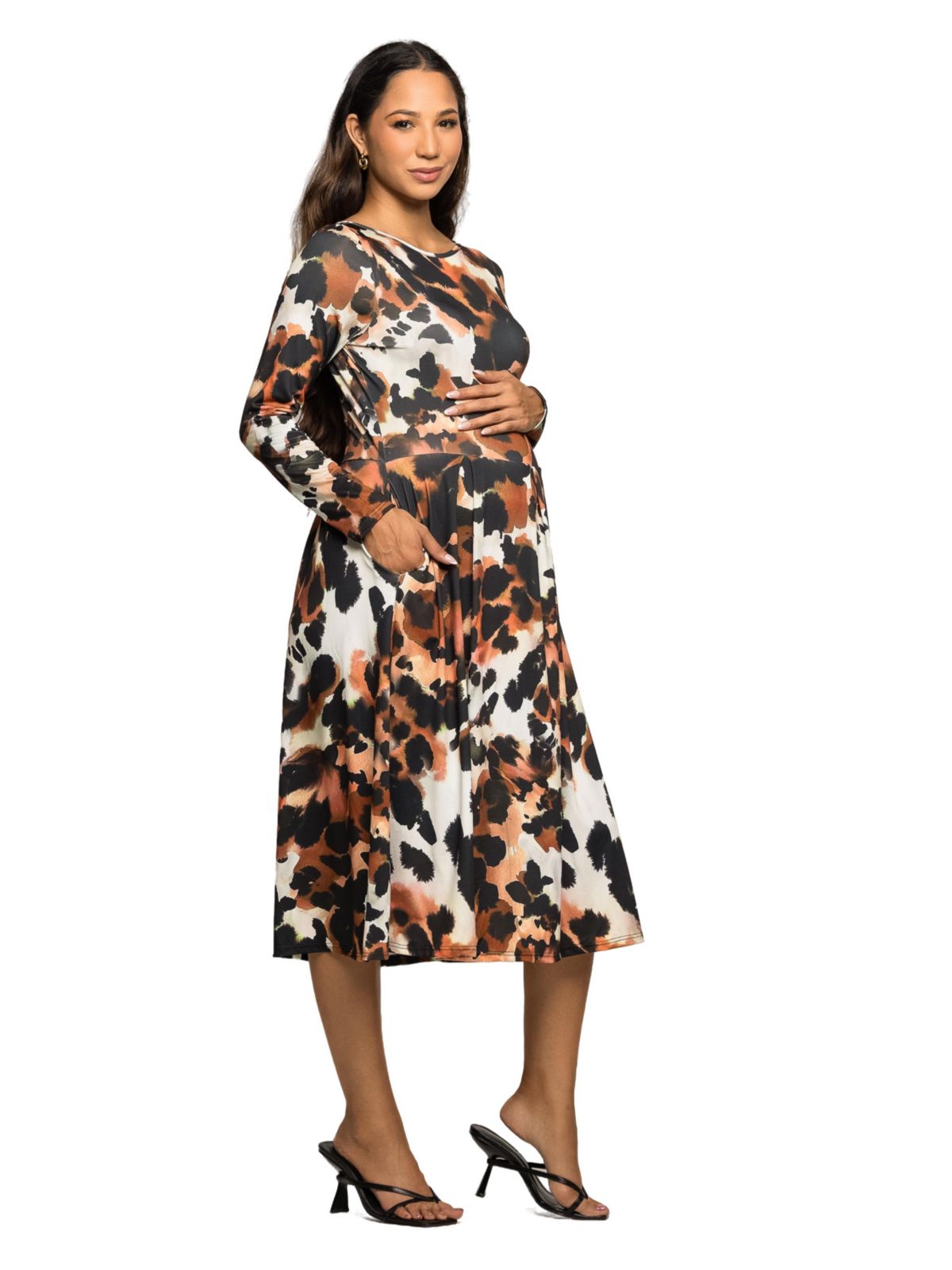 Maternity Long Sleeve Midi Dress in Animal Print
