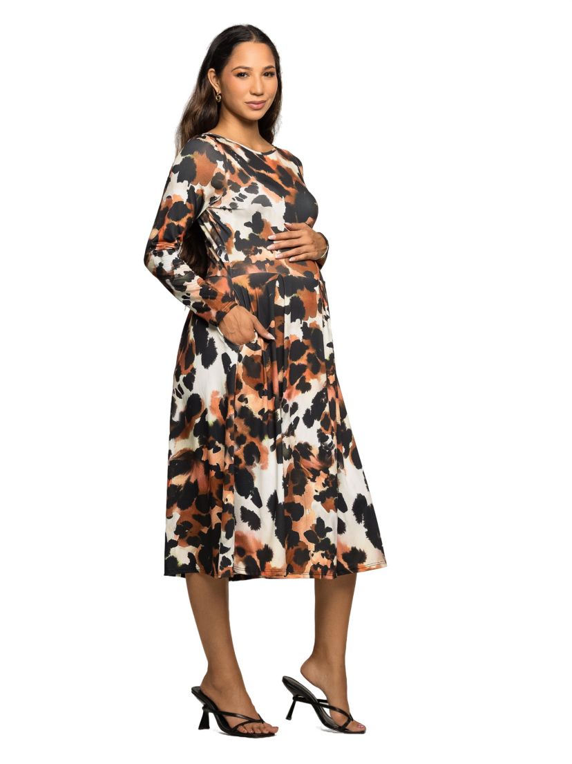 Maternity Long Sleeve Midi Dress in Animal Print