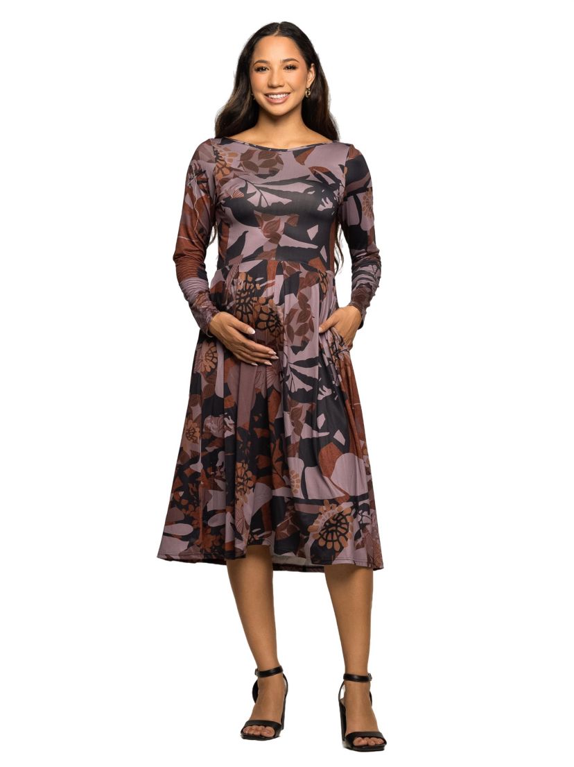 Maternity Long Sleeve Midi Dress Brown Floral Print