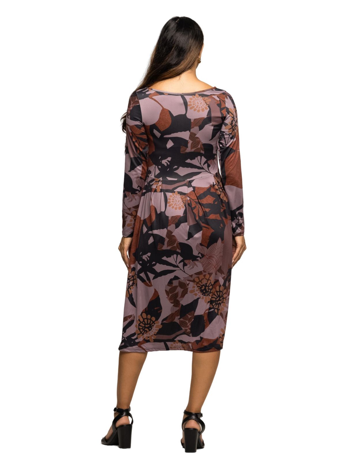 Maternity Long Sleeve Midi Dress Brown Floral Print