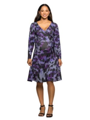 24seven Comfort Apparel Women's Maternity Long Sleeve Wrap Dress with Belt in Purple Black Print