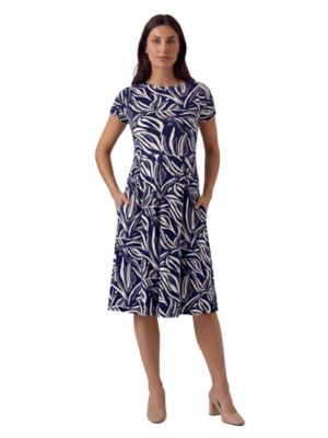 24seven Comfort Apparel Women's Essential Maternity Abstract Print Short Sleeve Boat Neck Pleated Pocket Fit N Flare Midi Dress
