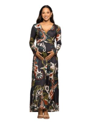 24seven Comfort Apparel Women's Maternity Green Paisley Print Long Sleeve Wrap Maxi Dress
