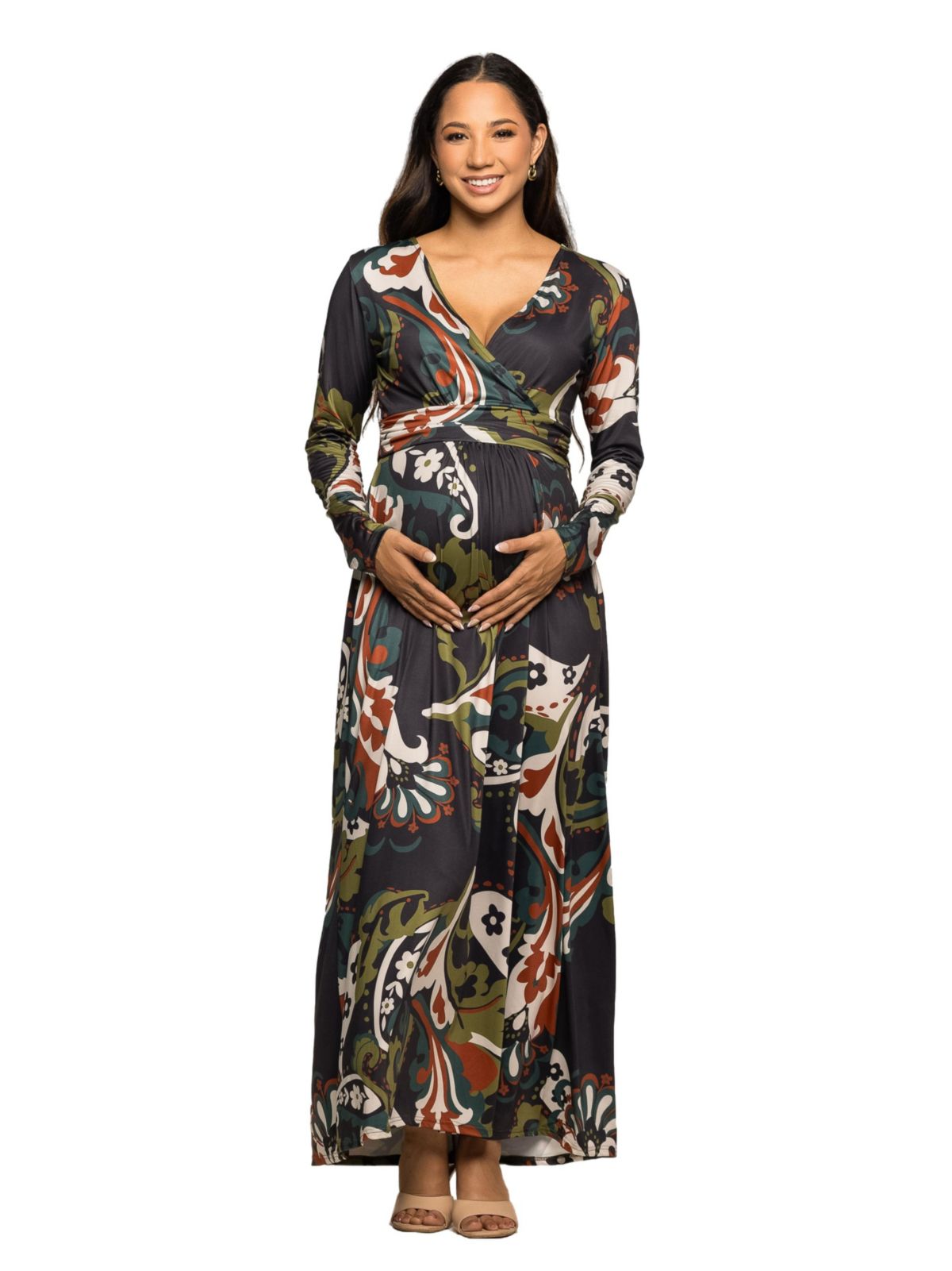 Maternity Green Paisley Print Long Sleeve Wrap Maxi Dress