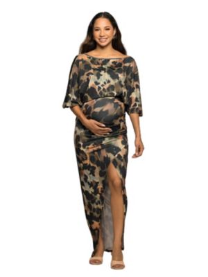 24seven Comfort Apparel Women's Maternity Green Abstract Print Batwing Sleeve Maxi Dress with Slit