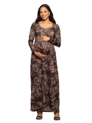 24seven Comfort Apparel Women's Maternity Brown Blush Floral Long Sleeve Scoop Neck Maxi Dress