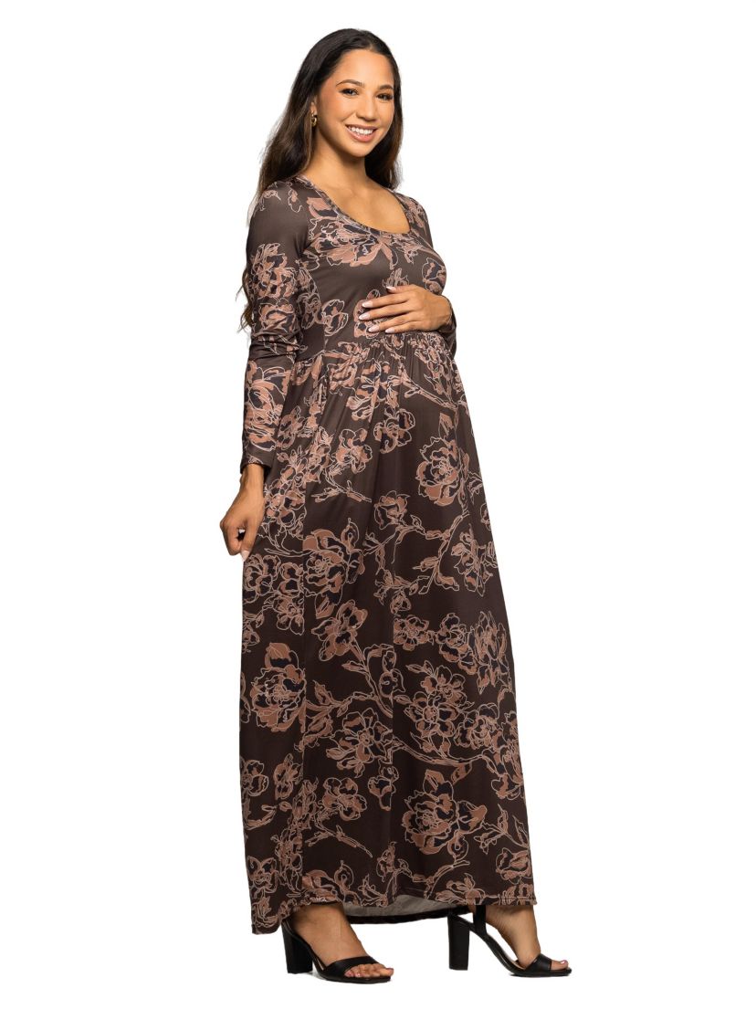 Maternity Brown Blush Floral Long Sleeve Scoop Neck Maxi Dress