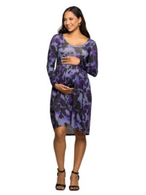 24seven Comfort Apparel Women's Maternity Long Sleeve Empire Waist Dress in Purple Black Print