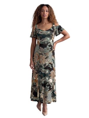 24seven Comfort Apparel Women's Elevate Maternity Paisley Print Soft V Neck Cold Sholder Ruffle Sleeve A Line Maxi Dress