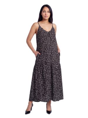 24seven Comfort Apparel Women's Essential Maternity Dot Print Scoop Neck Spaghetti Strap Pocket A Line Maxi Dress