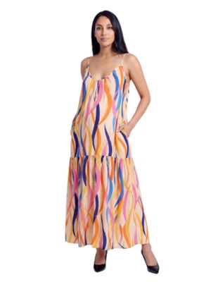 24seven Comfort Apparel Women's Essential Maternity Abstract Print Scoop Neck Spaghetti Strap Pocket A Line Maxi Dress