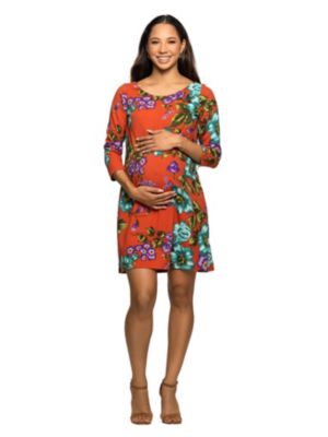24seven Comfort Apparel Women's Maternity Orange Floral Print Three Quarter Sleeve A Line Knee Length Dress