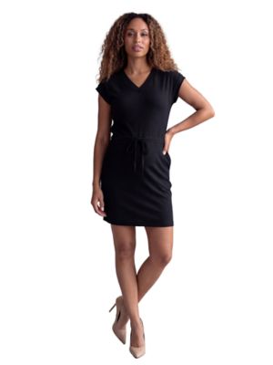 24seven Comfort Apparel Women's Essential Maternity Ribbed Knit V Neck Drawstring Waist Pocket Knee Length Dress