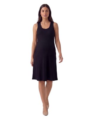 24seven Comfort Apparel Women's Essential Maternity Ribbed Knit Sleeveless Scoop Neck Pocket A Line Midi Dress