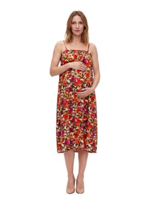 24seven Comfort Apparel Women's Essential Maternity Abstract Print Spaghetti Strap Smocked Pocket A Line Maxi Dress