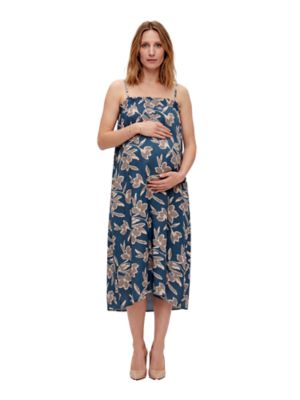 24seven Comfort Apparel Women's Essential Maternity Floral Print Spaghetti Strap Smocked Pocket A Line Maxi Dress