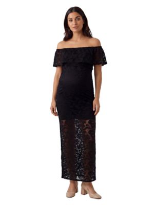 24seven Comfort Apparel Women's Elevate Maternity Lace Off the Shoulder Side Slit Bodycon Maxi Dress
