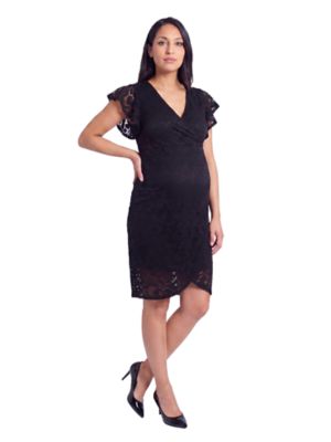 24seven Comfort Apparel Women's Elevate Maternity Lace V Neck Flutter Sleeve Faux Wrap Midi Dress