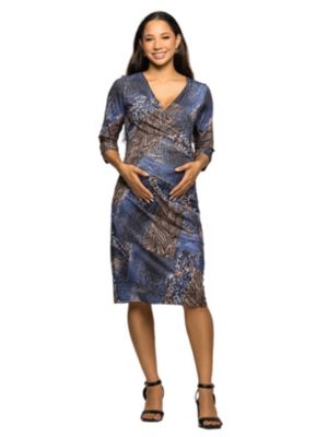 24seven Comfort Apparel Women's Maternity Three Quarter Sleeve Faux Wrap Dress in Blue Animal Print