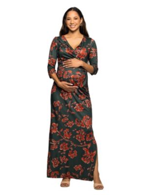 24seven Comfort Apparel Women's Maternity Green Floral Print Three Quarter Sleeve Side Slit Maxi Dress