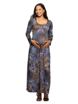 24seven Comfort Apparel Women's Maternity Blue Animal Print Long Sleeve Scoop Neck Maxi Dress